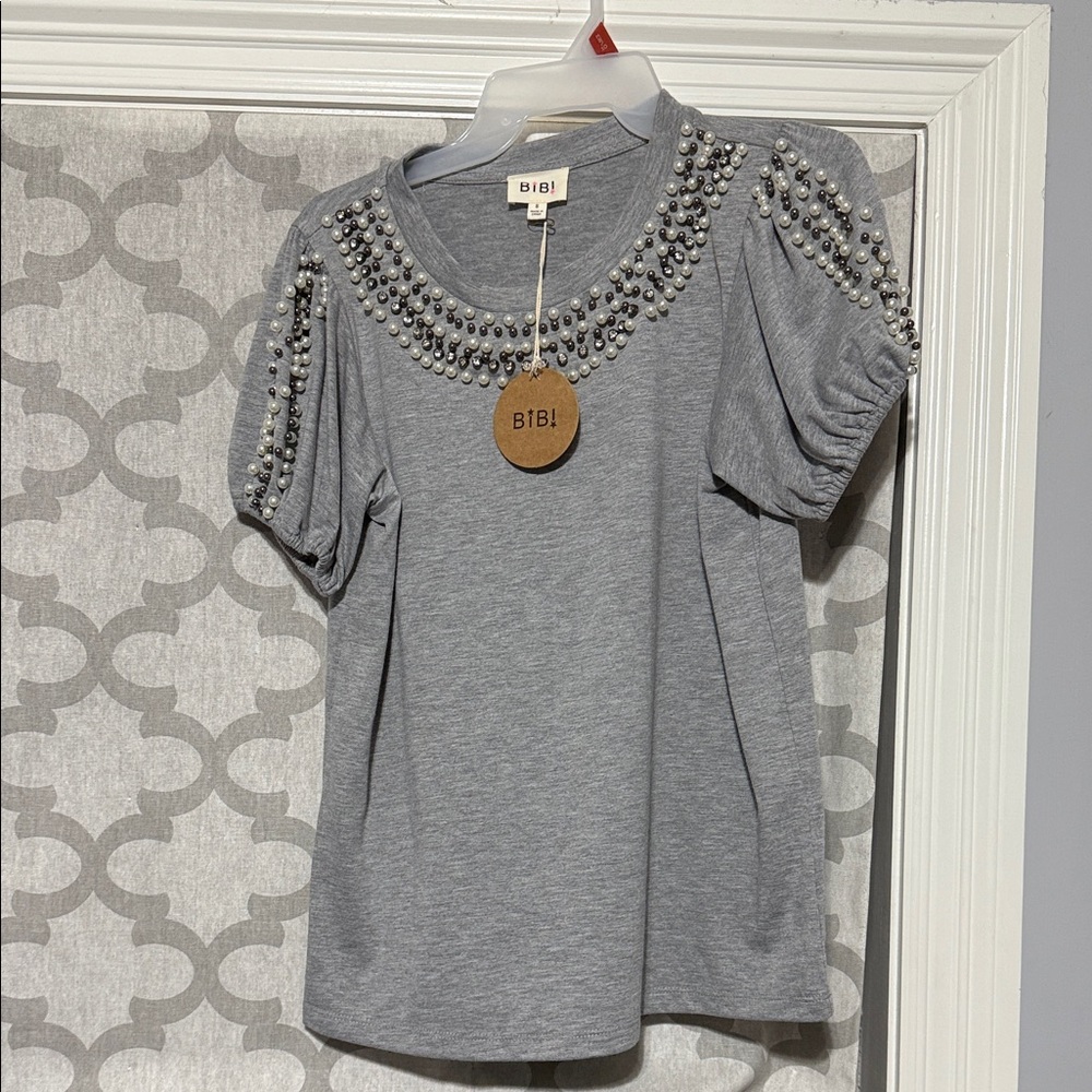 BiBi Gray Pearl-Embellished Blouse